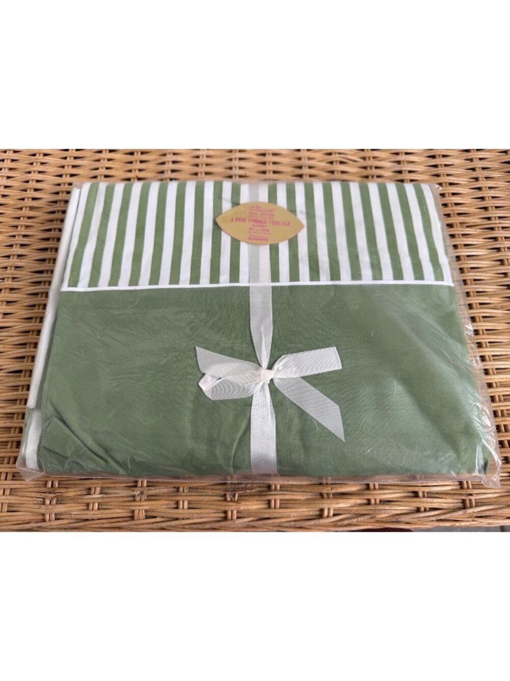 Vintage 60s Pennys Percale Flat Sheet Cotton Double Green Stripe NOS